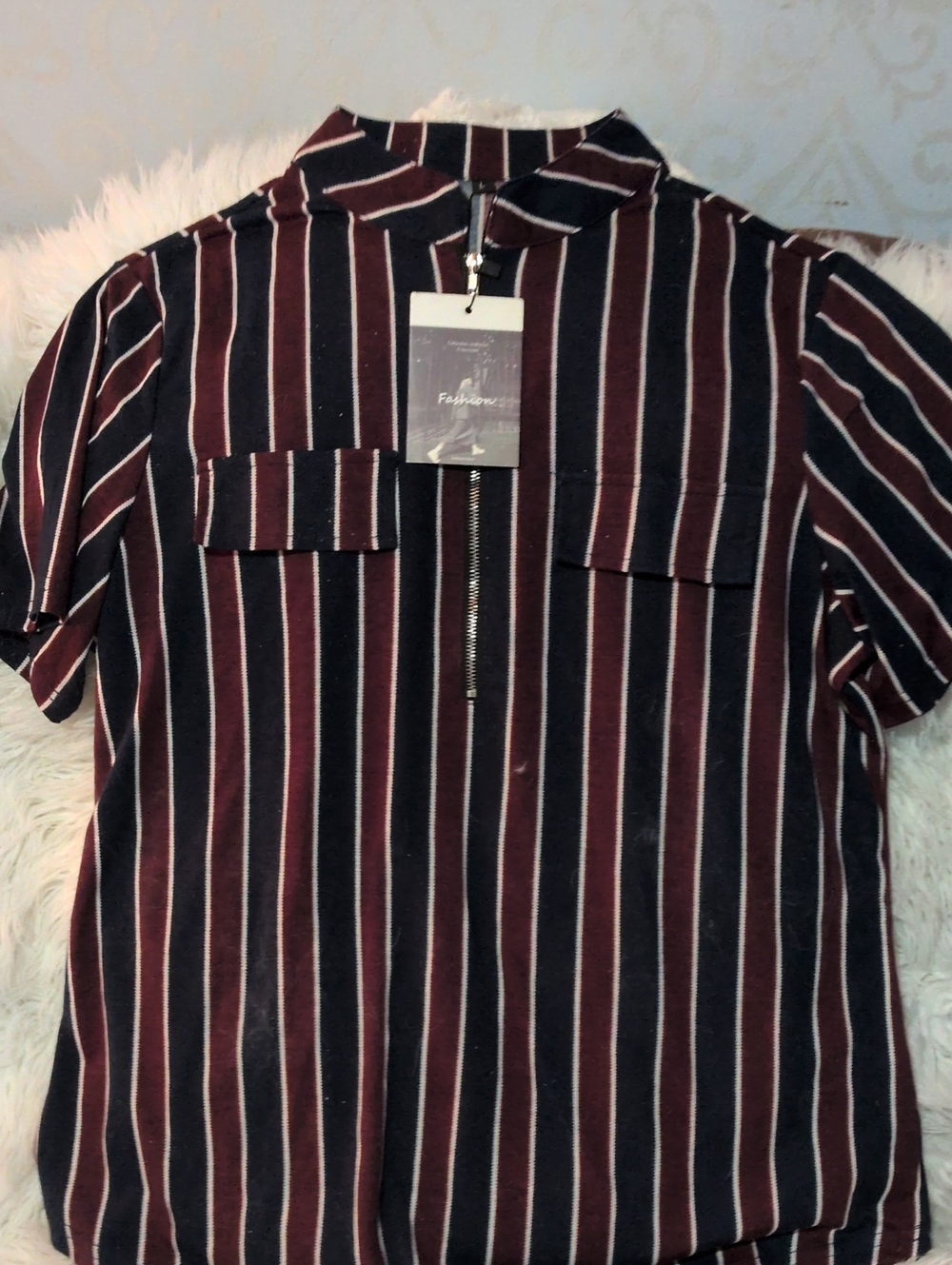 Men's Burgundy and Black Vertical Stripe Short-Sleeve Shirt - Label